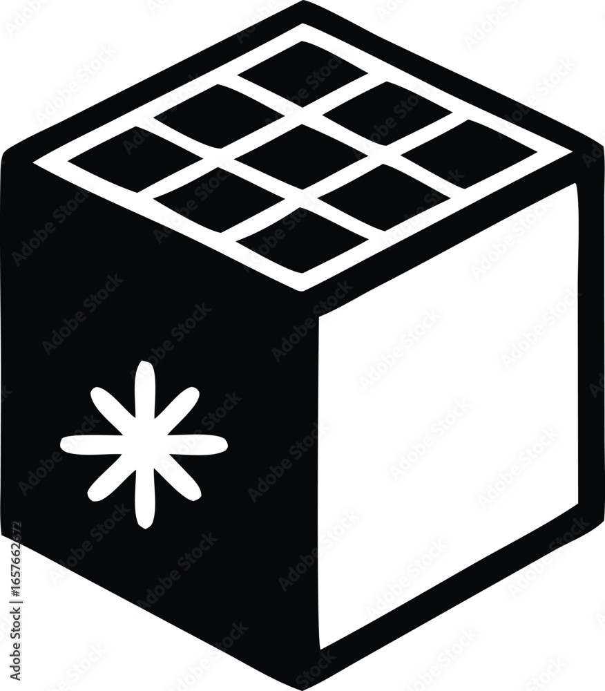 Poster stylized black and white isometric cube icon featuring a grid pattern and a snowflake symbol