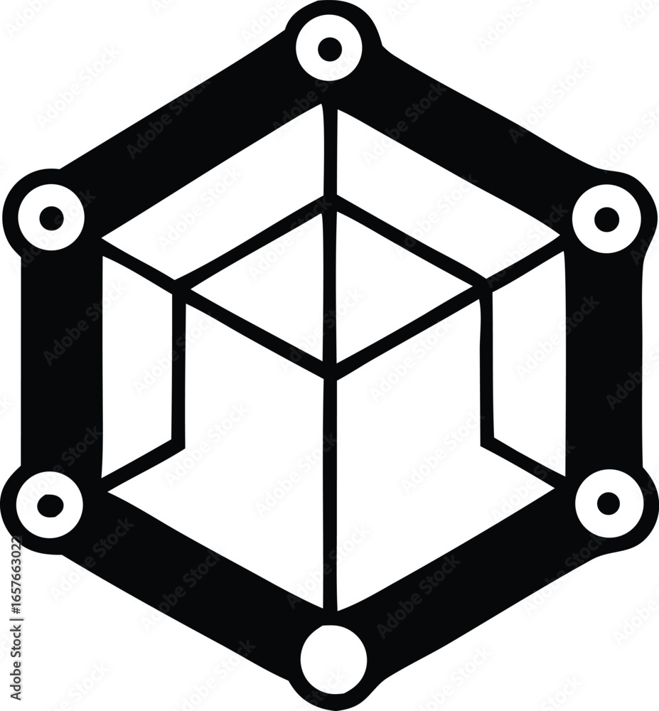 Poster abstract geometric hexagon with internal cube structure and circular connection points representing 