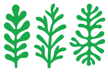 Three stylized green leaves present varied shapes against a white background