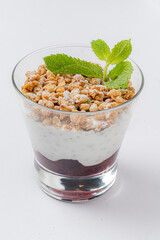 Tasty blend of creamy yogurt, sweet jam, and crunchy granola adorned with fresh mint leaves