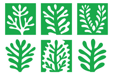 Six botanical cutouts present organic white leaf shapes against bright green and white backgrounds
