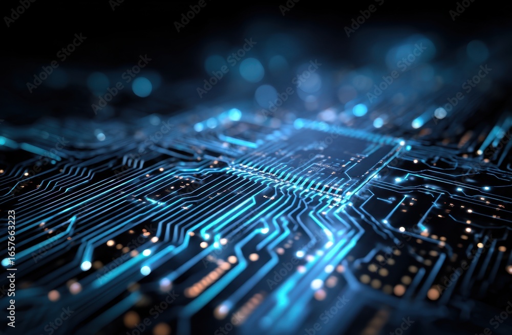 Poster close-up of a modern printed circuit board with intricate electronic components and glowing blue pat