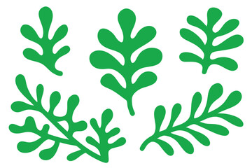 Several bright green organic leaf shapes are displayed against a plain white background