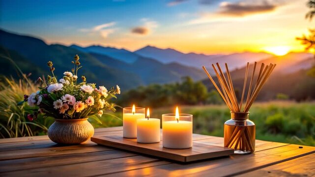 Serene sunset view with candles, flowers, and mountains