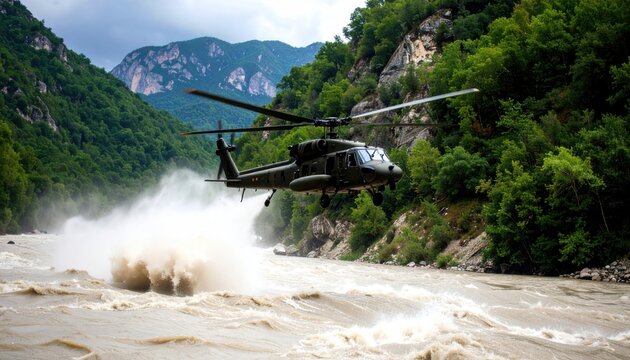 Helicopter flying over a turbulent river