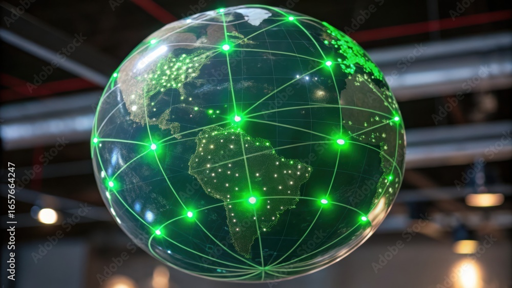 Aufkleber net zero supply chain a glowing globe with green connections, symbolizing global networking and tech