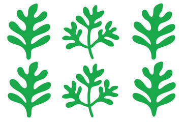 Six bright green leaf shapes are arranged symmetrically over a plain white backdrop