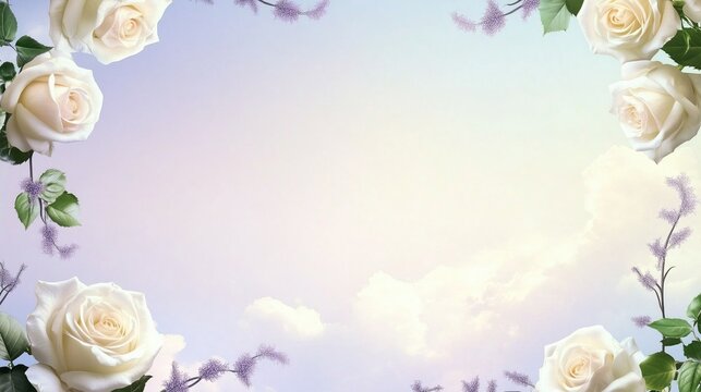 Delicate Floral Border with Creamy Roses and Lavender Accents on a Soft Sky-Blue and Lavender Hued Background