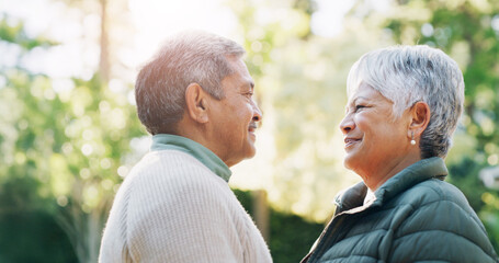 Smile, senior couple and love at park for partner care, travel date and bonding together. Happy,...