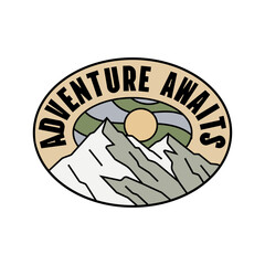 Round badge with mountains and sun, suitable for adventure awards branding, marketing, and event promotions on web and print.