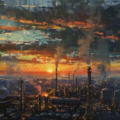 Industrial cityscape at sunset