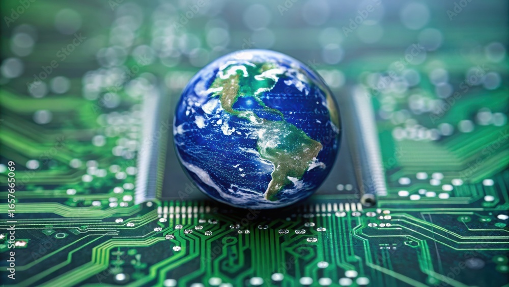 Aufkleber net zero supply chain a globe rests on a microchip, symbolizing the intersection of technology and t