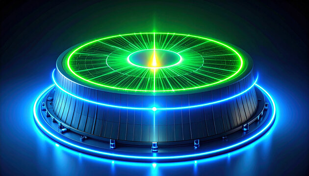 Futuristic circular device with glowing green and blue neon lights, a technological concept.