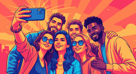 A diverse group of six happy young friends smiling and taking a selfie with a smartphone.