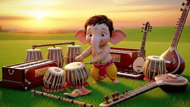 Ganesh Playing Musical Instruments Sunrise Harmony.