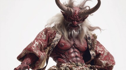 暗赤色の肌と豪華な衣装を持つ赤鬼の正面バストショット