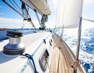 A view from the wooden deck of a luxury yacht sailing on the open sea on a bright, sunny day, with sails full of wind