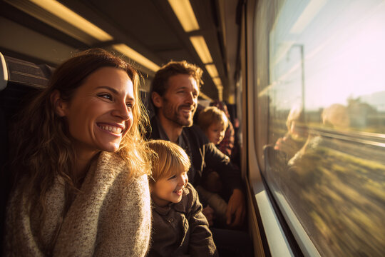 Happy family enjoying a scenic train journey together with smiles and warm sunlight streaming through the window