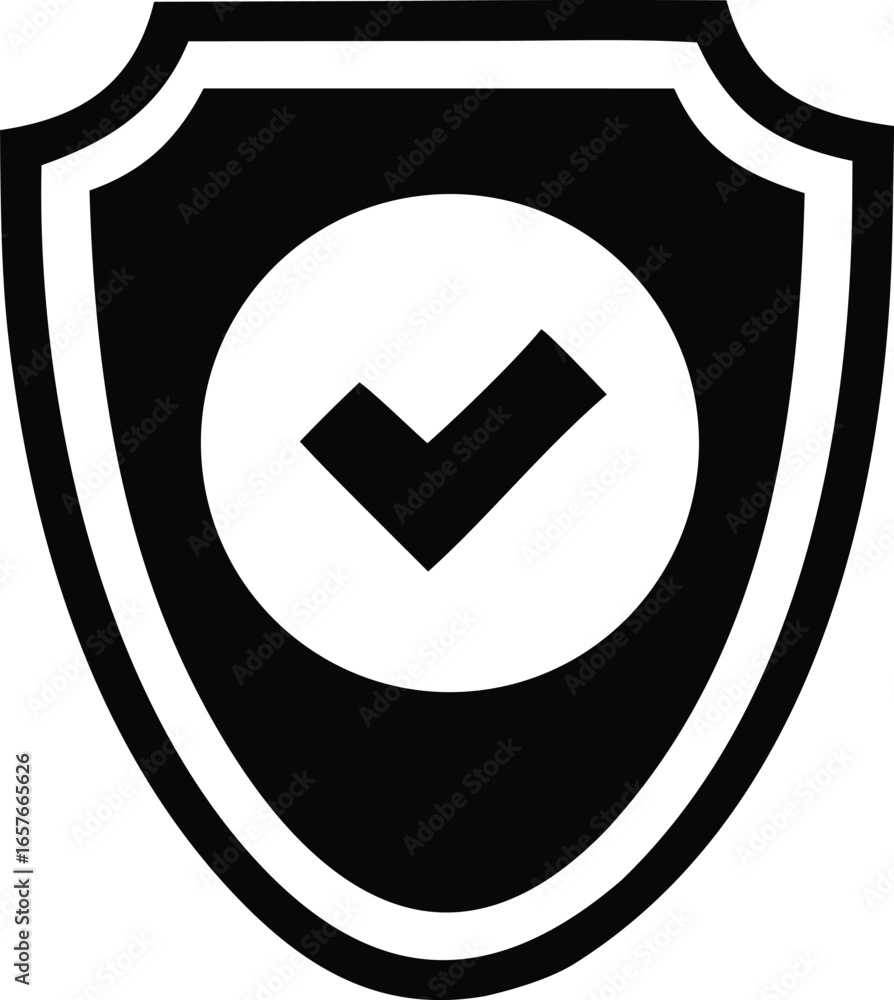 Poster simple black and white icon of a shield with a checkmark inside a circle representing security and a