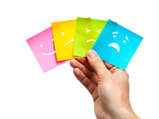 Hand holding colorful sticky notes with drawn faces isolated on a transparent background emotions happy