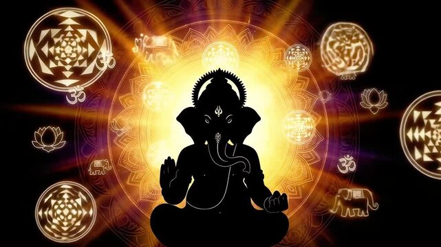 Radiant Ganesha Silhouette Meditating within a Glowing Golden Mandala with Sacred Yantra and Om Symbols.
