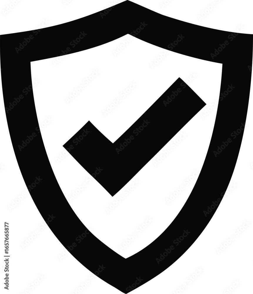 Poster black shield with a bold checkmark inside symbolizing security protection and verified status