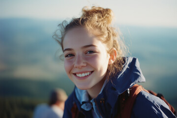 Fototapeta premium Smiling young woman outdoors enjoying a scenic hike in nature on a sunny day