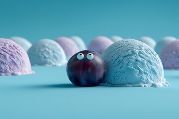 Whimsical plum with googly eyes amidst pastel ice cream scoops on a blue background