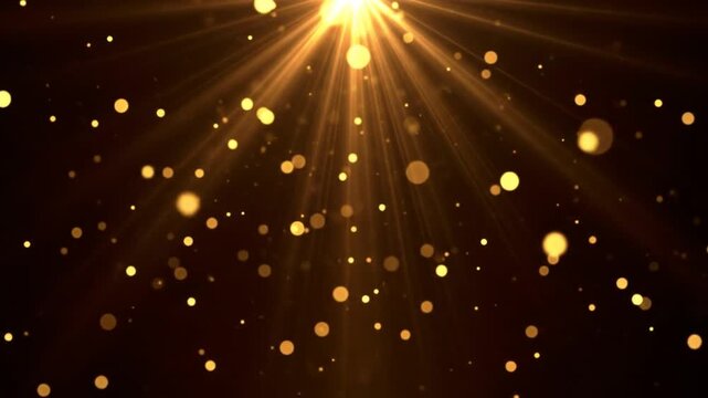 Golden light rays, blurred orbs float against a dark backdrop