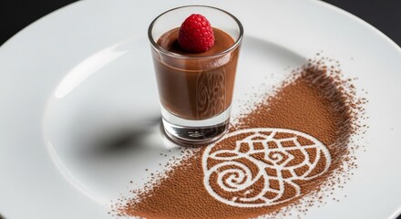 Gourmet chocolate mousse dessert in a glass, topped with a fresh raspberry and presented on a white plate with cocoa powder design. Elegant food photography, perfect for menus or culinary websites.