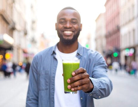 Smiling man offers green smoothie outdoors