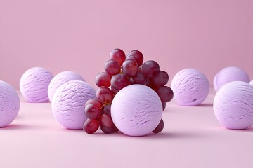 Purple ice cream scoops with red grapes a sweet summer treat on pink background for dessert concept and food presentation