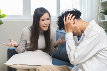 Breakup and depressed, asian young quarrel couple love fight relationship in trouble. Different...