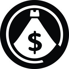 Iconic black and white graphic depicting a money bag with a dollar sign inside a circular target symbol