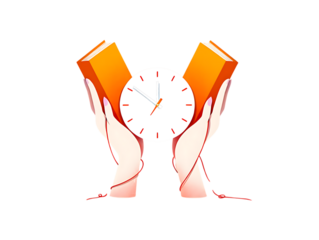 Hands holding orange books around a clock face isolated on a transparent background time