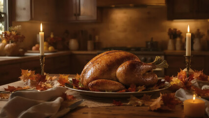 Traditional Thanksgiving feast with a golden roasted turkey centerpiece on a candlelit dining table with autumn decor