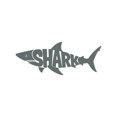 Shark silhouette crafted from text marine life ocean predator typography art vector illustration