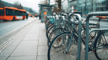 Obraz premium A row of bicycles parked at a city rack, with a bus and urban scenery in the background, reflecting a modern transportation lifestyle.
