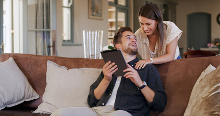 Talking, couple and people with tablet, house and planning for trip, together and bonding in...