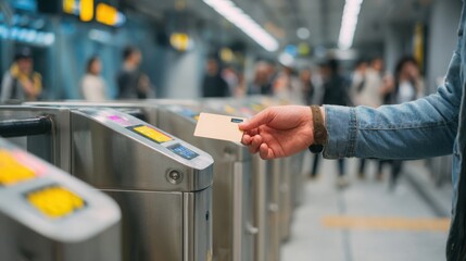 A hand holds a transit card above turnstiles in a busy subway station, illustrating urban commuting and public transportation usage.