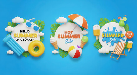 Three vibrant "Summer Sale" promotional banners with various beach holiday elements and discounts on a blue background.
