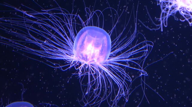 Closeup shot of Spirocodon Saltator, the endemic jellyfish of Japan floating underwater. 4K  