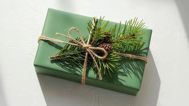 Christmas gift wrapped in green paper with pine branch tied with twine