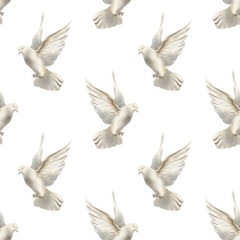 Fototapeta premium Seamless pattern of white pigeon soaring in air, dove spread its wings as a symbol of freedom and peace concept.Hand drawn watercolor illustration on white for spiritual wedding,nature-themed designs