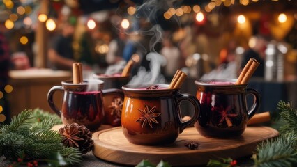 Fototapeta premium Steaming Mulled Wine Mugs with Cinnamon Sticks and Festive Christmas Market Ambiance