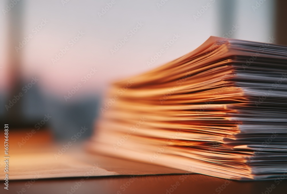 Poster close-up of a neatly stacked pile of colorful paper documents on a wooden desk with a blurred backgr