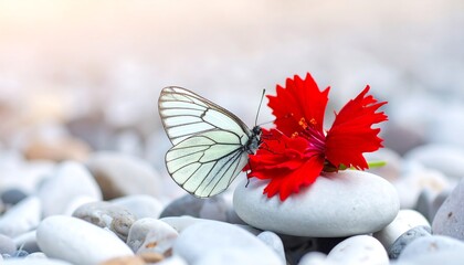 A delicate white butterfly rests gently on a smooth, light gray stone, next to a vibrant red flower, amidst a cluster of pebbles on a beach.