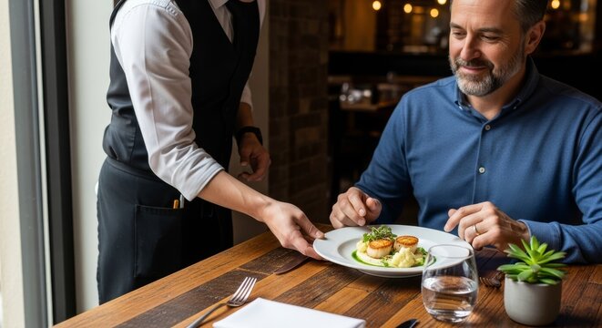A waiter serves seared scallops with cauliflower puree to a mature man in a fine-dining restaurant.  Enjoy this image of delicious food and excellent service.