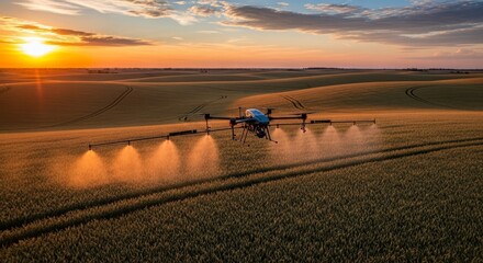Drone spraying crops at sunset. Agricultural technology in action.  Precise application of fertilizer or pesticide over a vast wheat field. Modern farming techniques ensure high yields.