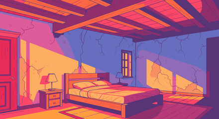 A stylized illustration of a rustic bedroom bathed in warm, golden sunlight streaming through a window.